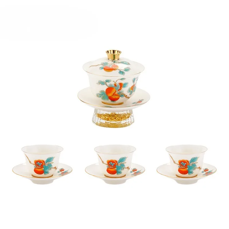 

Suet jade white porcelain teacup hand-painted Chinese high-footed cover bowl light luxury tea set