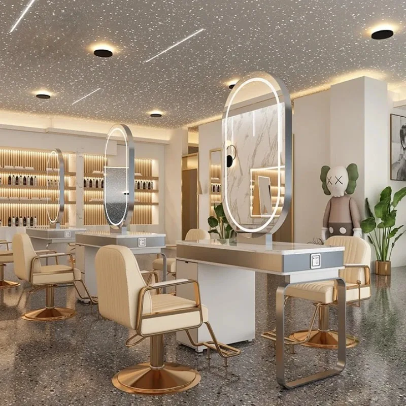 

Barber shop mirror cabinet integrated hair shop mirror table hair salon dedicated Internet celebrity double-sided marble