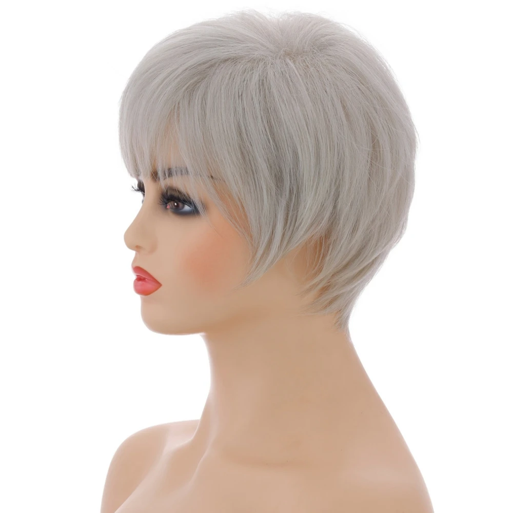 Short Synthetic Hair Silver White Straight Wave Wigs For Women Pixie Cut Natural Wig Old Lady Wig Granny Grey Blanche Daily Use