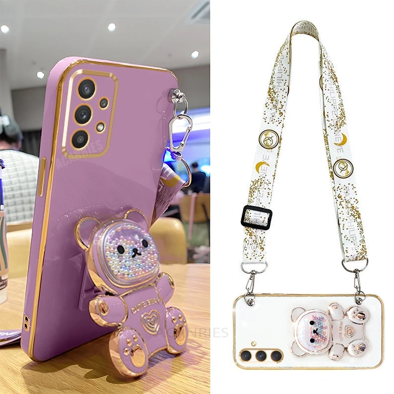 A 52 53 33 23 13 Crossbody Lanyard Bear Silicone Case For Samsung Galaxy A32 A52 A72 A13 A23 A33 A53 A73 4g 5g Holder Cover A52s