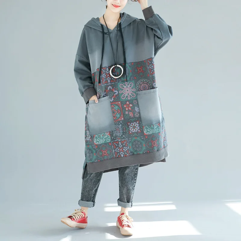 

Mid Length Dress Women Hooded Dresses Casual Loose Vestidos Maxi Autumn Elegant Splice Hoodies Y2k Streetwear Print Summer 2025