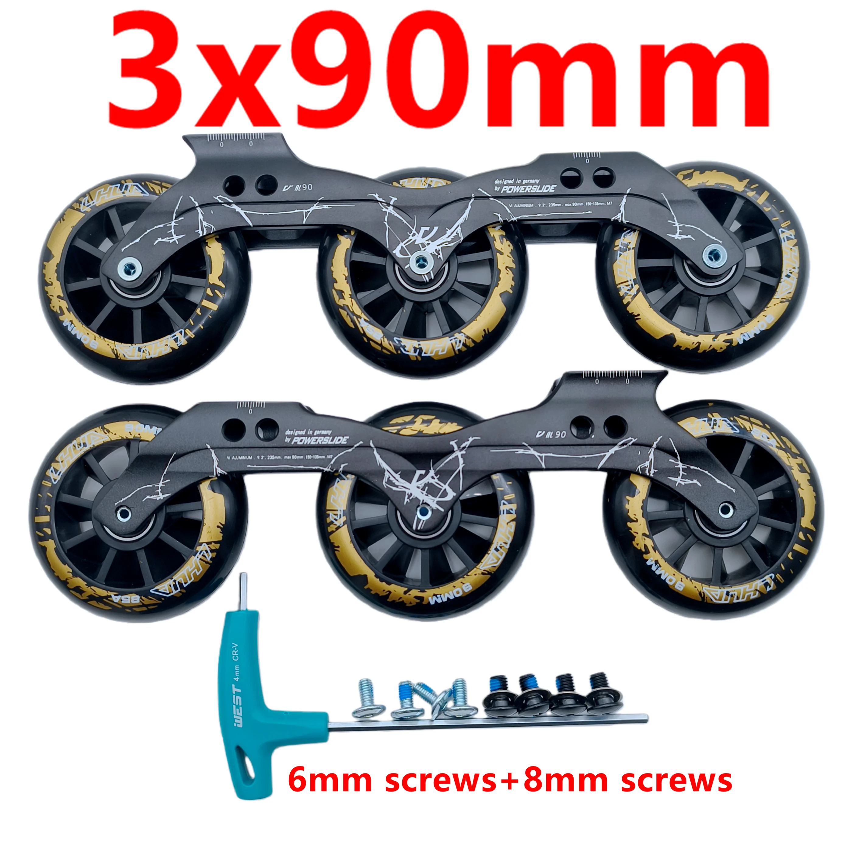 support-de-patins-a-roulettes-avec-roues-3x90mm-durete-des-roues-85a-avec-cle-hexagonale-et-vis