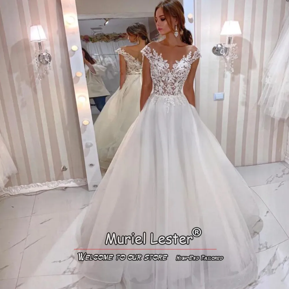 Romantico A Line abito da sposa Illusion Appliques perline abito da sposa su misura maniche ad aletta Sweep Train Vestido De Noiva Casamento