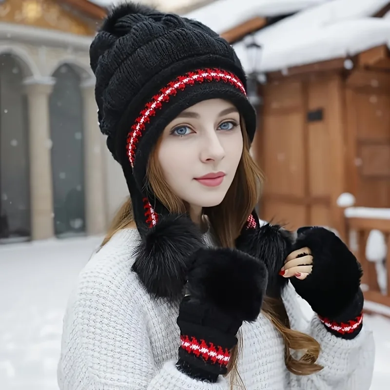 2pcs Women's Winter Hat & Gloves Set - Thick Fleece Lined Soft Fur Trim & Ear Flaps, Elastic Fit for Skiing Outdoor Cold Weather