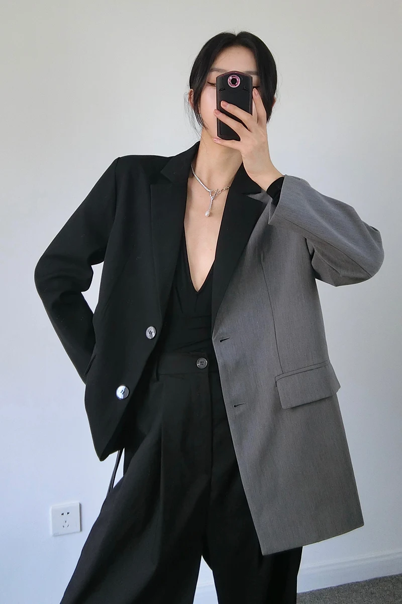 Tannt-Blazer long imbibé pour femme, veste asymétrique, gris, noir, assressenti, veste d'hiver, document, vintage, mode, nouveau, 2023