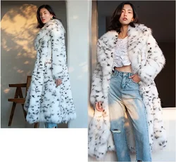 Women's Mid-length Faux Fur Coat, Leopard Print, Black Spots, Turn Down Collar, Warm, Thick, Casual Top, Winter