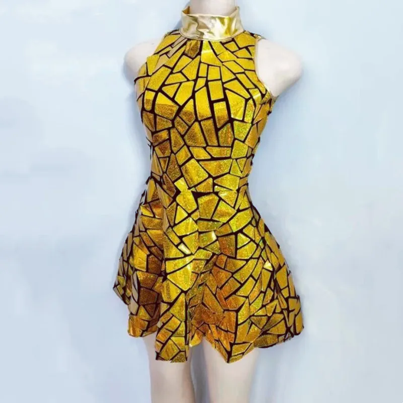 

Короткое платье с золотым лазерным зеркалом для женщин, карнавальное шоу на день рождения, клубное платье с блестками, Gogo, танцовщица, певца, команда, сценический костюм
