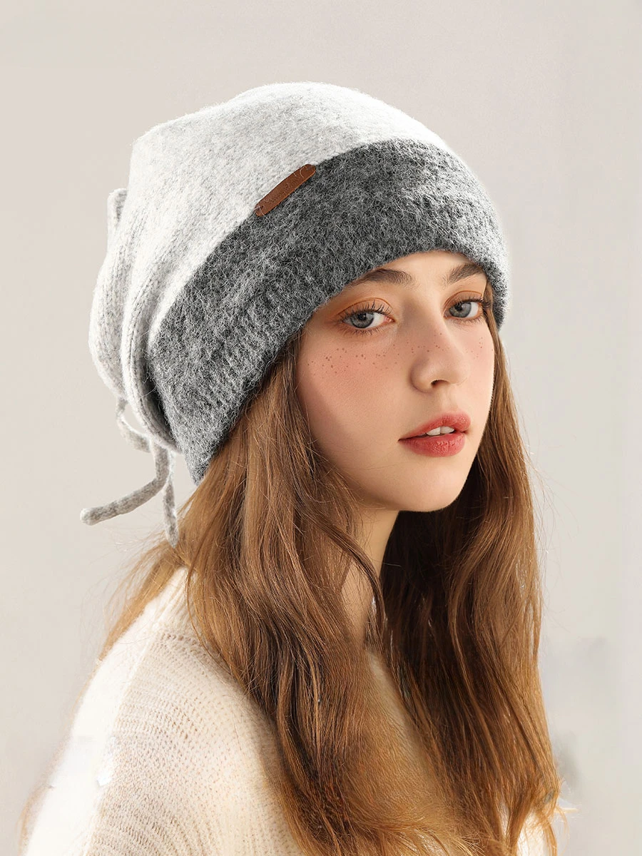 2024 New Women's Wool Knitted Beanie Thick Color Block Windproof Hat with Ear Protection 2-in-1 Neck Warmer for Autumn Winter