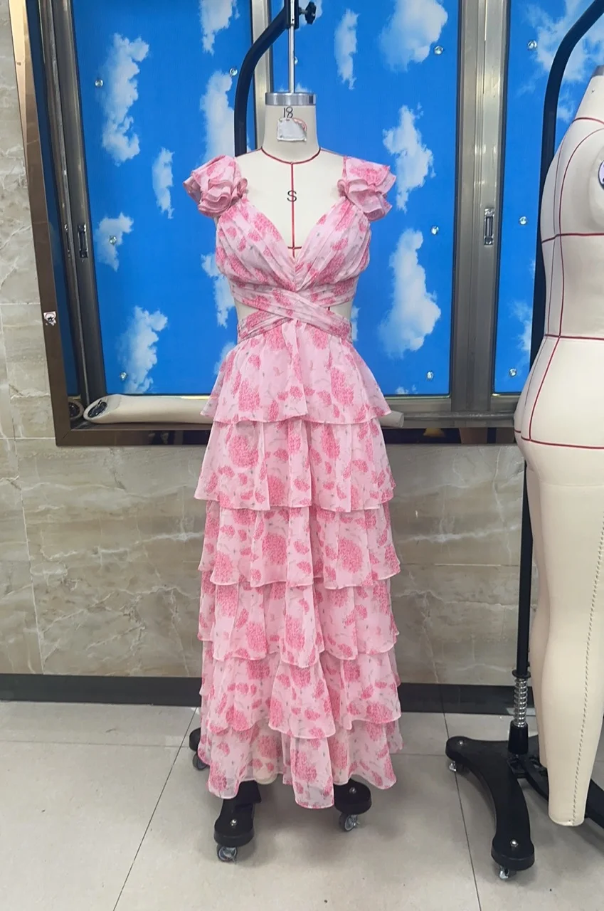 Combhasaki feminino verão floral impressão ruched busto sem mangas com decote em v plissado em camadas rendas sem costas flowy a linha longo bolo vestido