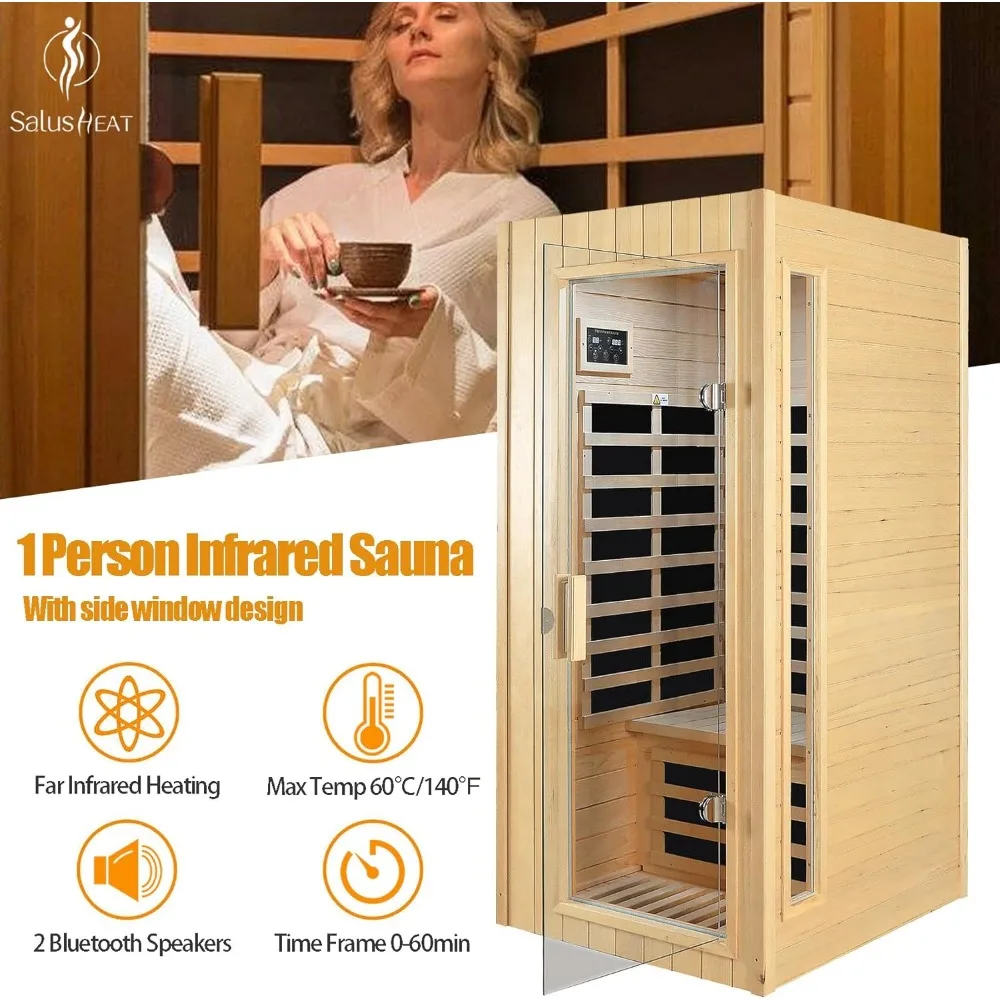 Sauna infravermelha distante Sauna de madeira canadense Hemlock para 1 pessoa, 1300 W Baixo EMF com painel de controle, alto-falantes Bluetooth, lâmpada de leitura LED