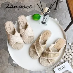 Flat-bottomed Hemp Slippers Women Summer 2024 Korean Version of The Woven Tassel Sandals Outside Shoes Woman Bling Flip Flops