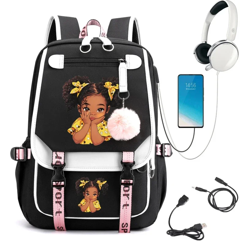 Multicolor Black Girl Print Girls Cute Cartoon School Bag for Student Teens Bookbag Laptop Teenager Backpack