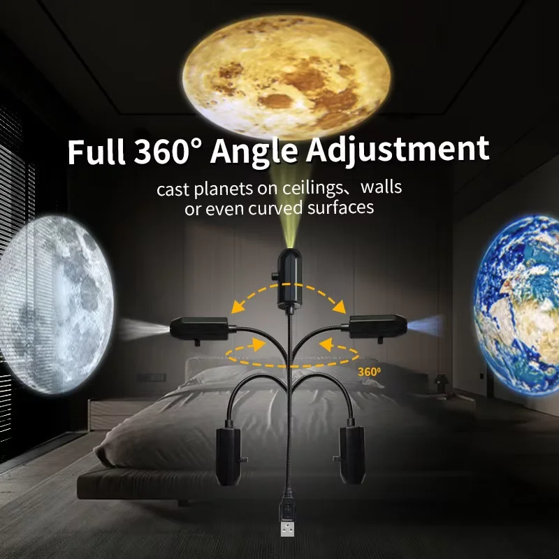 Luz de Projeção Planetária Lua Terra para Quarto, Luminária Noturna USB, Luz de Ambiente para Decoração de Parede de Quarto Infantil
