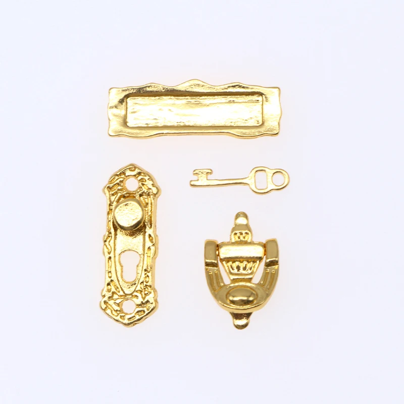 1:12 Mini Pull Handles Locks with Key Miniature Gold Metal Door Knocker DIY Furniture Dollhouse Hardware Accessories Decoration