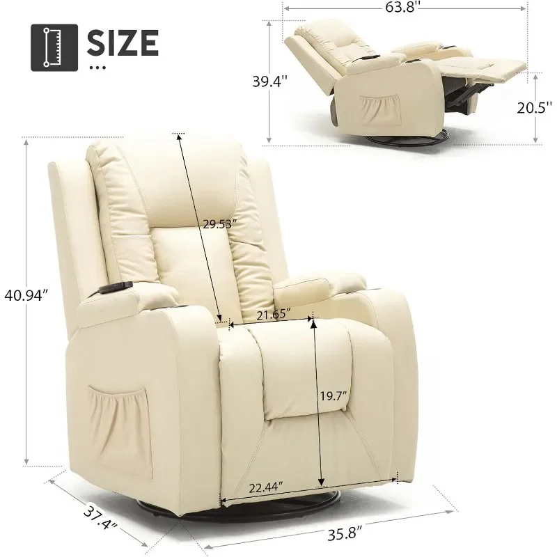 PU Rocking Chair for Adults, Swivel Recliner with Cup Holders, Heat and Massage, Single Sofa Seat with Side Pockets