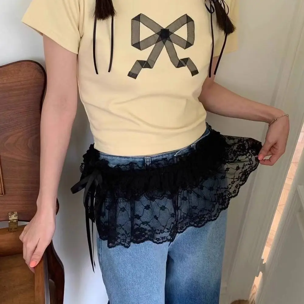 新しい刺繍入りフラワーレースミニスカートシースルーY2Kストリートウェアレースアップフリルスカート原宿プリーツスカートジーンズ装飾