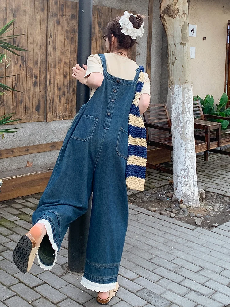 

Retro Hong Kong Style Wide Leg Denim Overalls Women's Summer 2026 Lace Trim Playful Youthful Denim Overalls Casual High Waist
