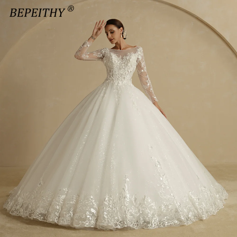 

BEPEITHY Scoop Ivory Lace Flower Wedding Dresses For 2023 Bride Princess Full Sleeves White Glitter Bridal Ball Gown Open Back