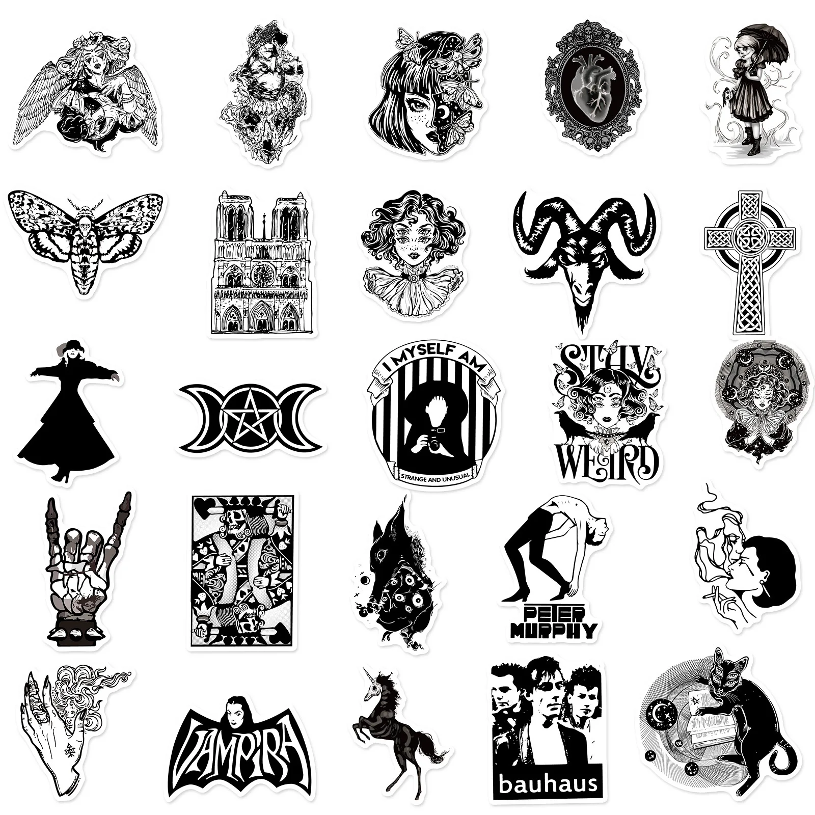 50pcs Cheap Welfare Black and White Gothic Series Graffiti Stickers Suitable for Desktop Wall Decoration DIY Sticker Pack