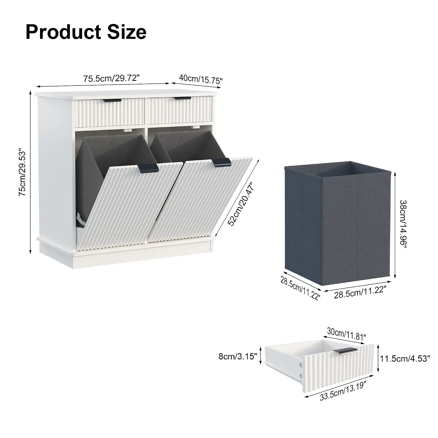 White Double Tilt-Out Laundry Hamper Cabinet with 2 Drawers & 2 Baskets for Bathroom Bedroom 30x30x16in, Customized