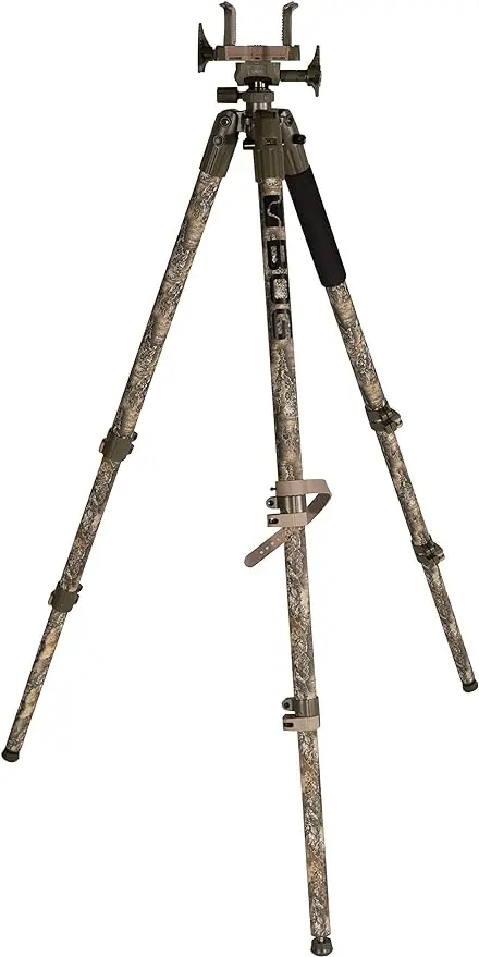 

Camo Tripod with Durable Aluminum Frame Bubble Level Adjustable Legs and Hands-Free Operation for Hunting Shooting and Outdoors