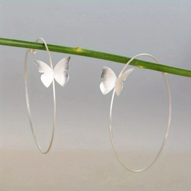 Bohemian Style Silvery Butterfly Earrings, Dynamic Design Women's Hoop Earrings, Perfect Jewelry Gift for Her