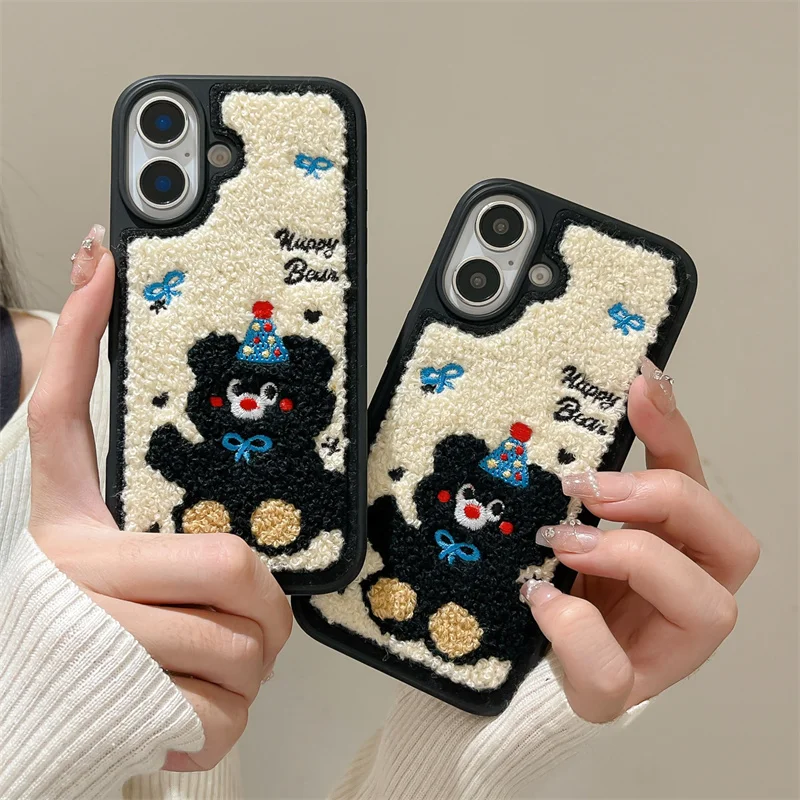 

Ins Korean cute bear Embroidery Plush Phone Case For iPhone 14 Pro 16 13 15 Pro Max Cover Silicone Shockproof Protective Cases