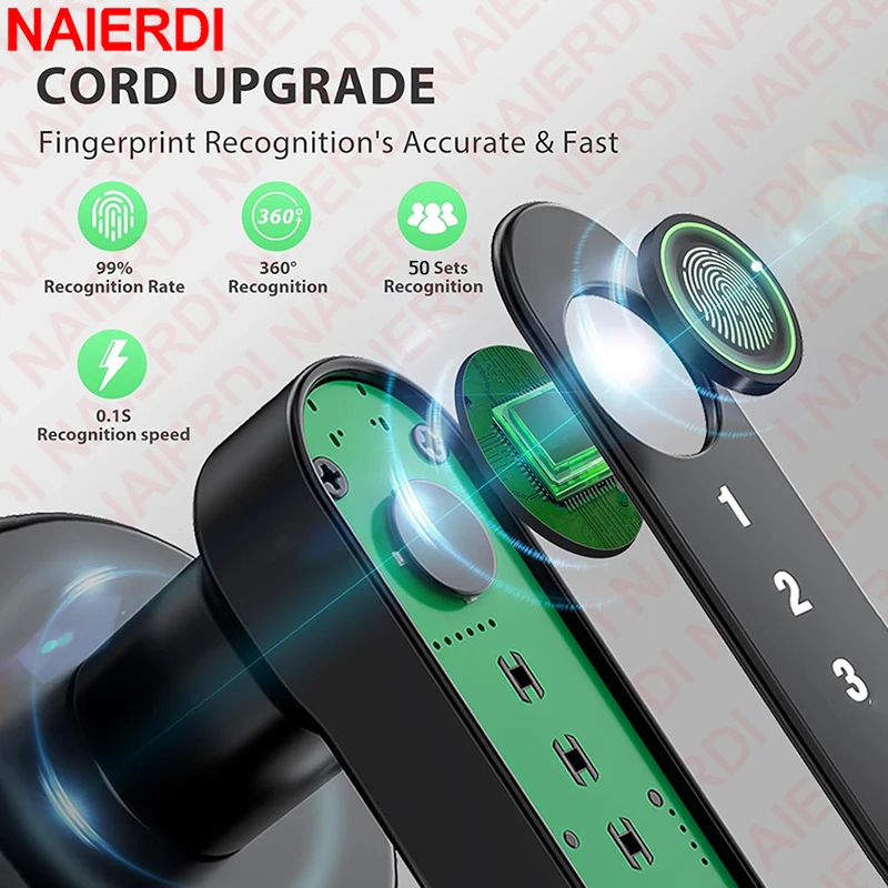 NAIERDI قفل الباب الذكي ببصمة الإصبع Tuya APP بلوتوث لوحة المفاتيح بطاقة دخول قفل الباب مع مقبض لغرفة نوم شقة المنزل