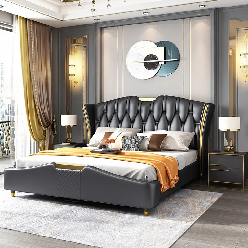 

# Роскошный новый дизайн мебели для спальни размера «king-size» Кровать из массива дерева и кожаная кровать с местом для хранения вещей.