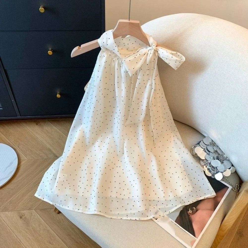 

Chic Bow Polka Dot Shirt Retro Y2k Women's Puff Shirt French Style Gentle Hanging Neck Sleeveless Top Spring and Summer