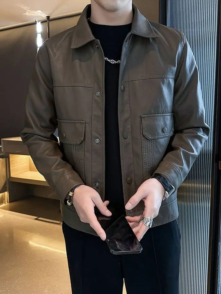 

Retro Soft Leather Biker Jaet Men's Slim Fit Autumn Winter Faionable PU Leather Coat Youth Straight Hemline Button Closure