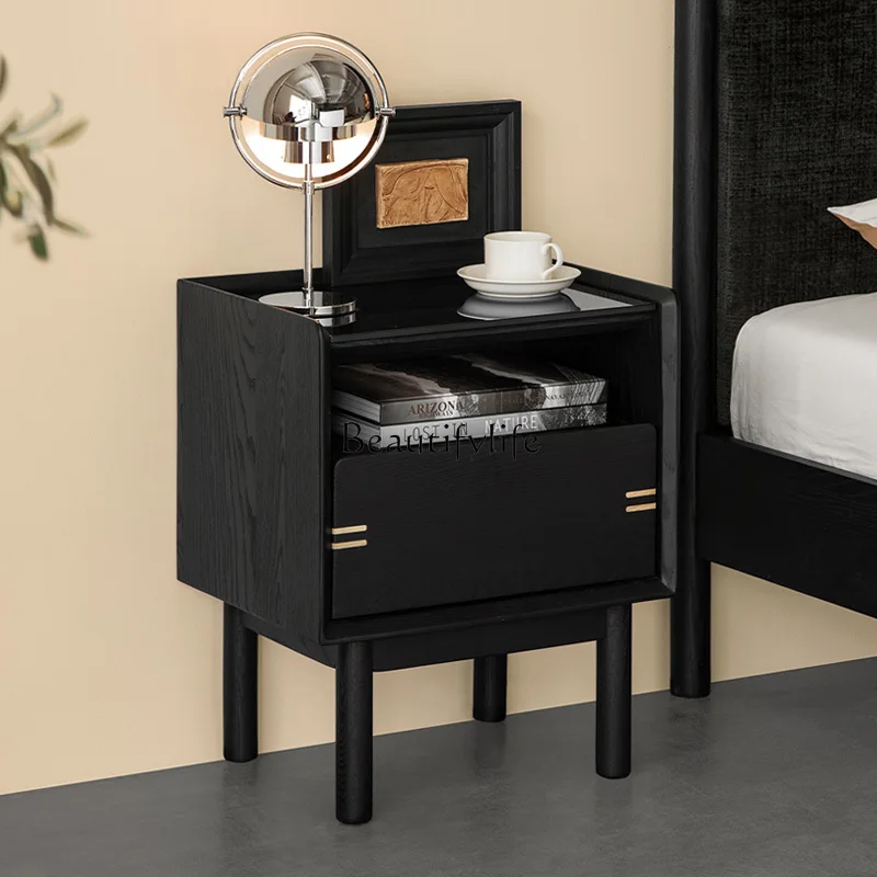 

Black Modern Simple Solid Wood Bedside Table French Retro Premium Locker