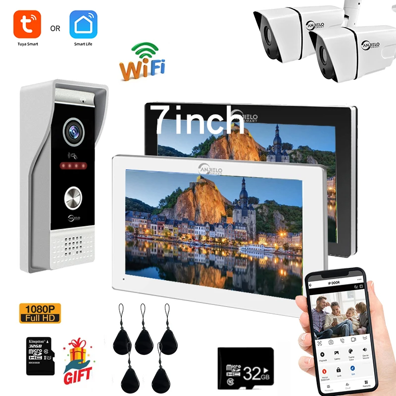 Tuya-Intercomunicador de vídeo sem fio doméstico inteligente, 7 Polegada, WiFi, 1080P, porta, sistema de controle de acesso RFID, intercomunicadores para apartamento