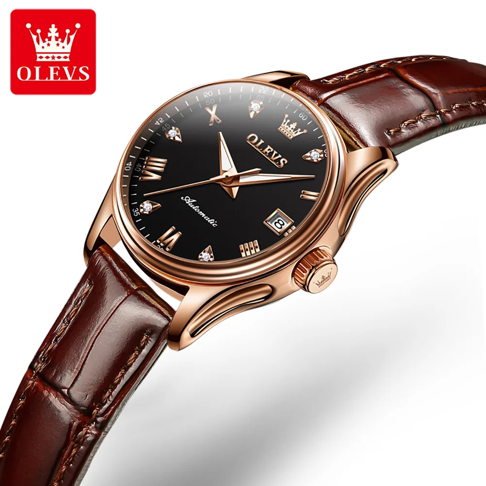 OLEVS Brand New Fashion Mechanical Watch for Women Luxury Genuine Leather Waterproof Date Wristwatch Ladies Relogio Feminino