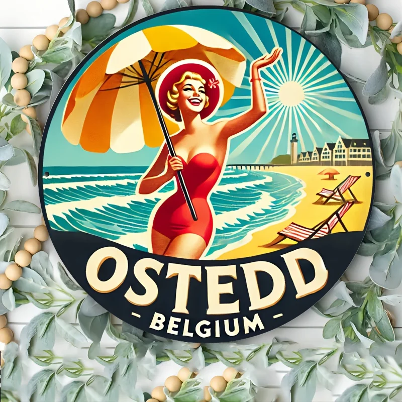 1 Stück Ostend Belgien Vintage Metallschild, 20x20 cm Aluminium-Wandkunst, Retro-Dekoration für Zuhause/Küche/Esszimmer/Schlafzimmer/Garten/Garage/Hotel