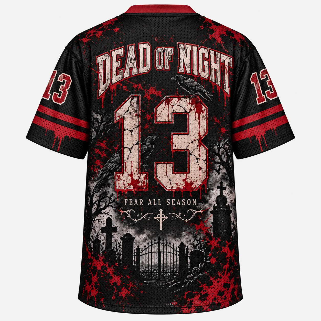 Dead Of Night 13 Halloween Oversized Mesh Jersey, Horror Skull Raven Rose Print V‑Neck Short Sleeve Gothic Streetwear Top