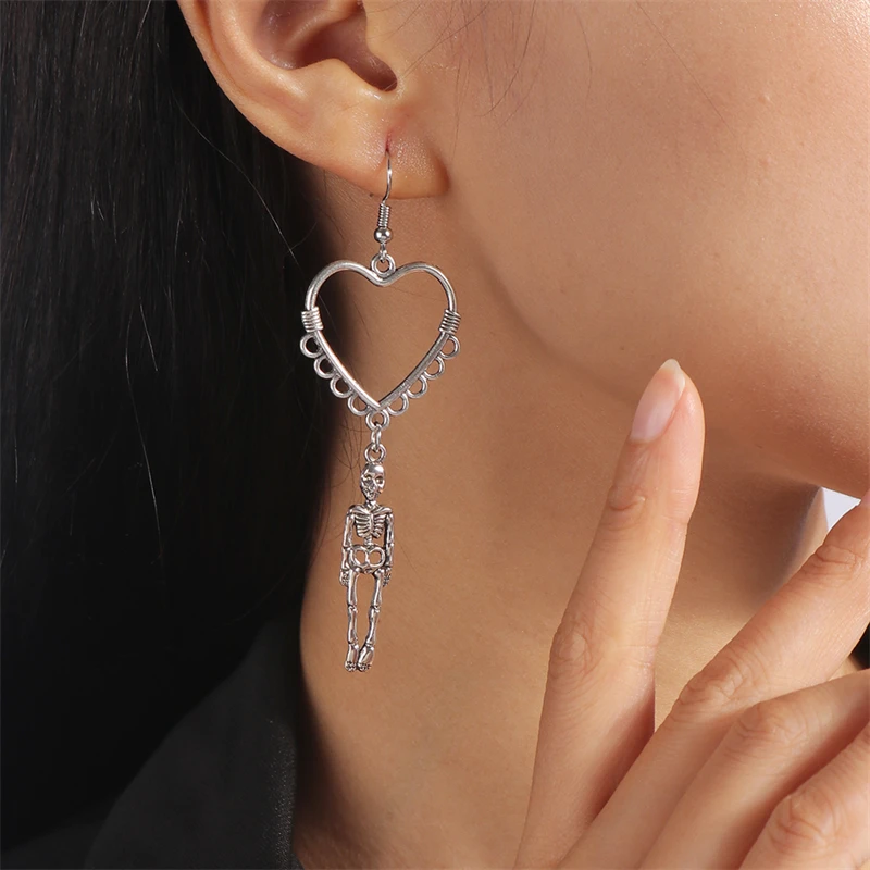 Cute Hollow Heart Skeleton Drop Earrings for Women Girls Party Festival Jewelry Gifts