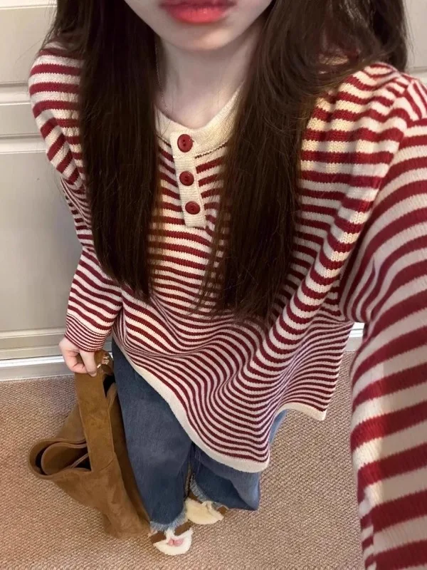 

Свободный женский вязаный свитер в полоску, цветная блузка, осень-зима, новый удобный крой, круглый длинный свек, полиэфирное волокно