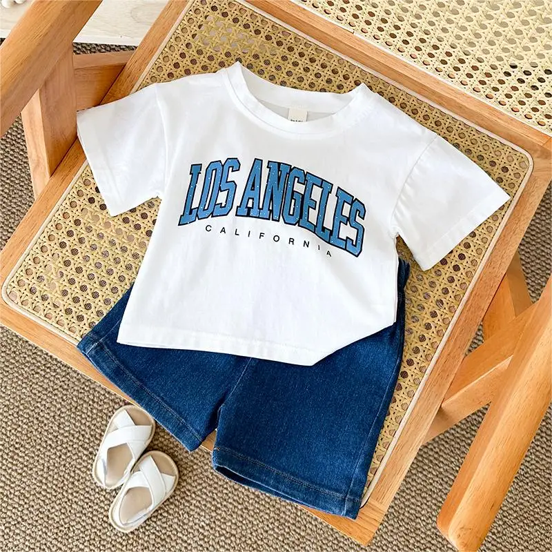 Infant Toddler Outfit Summer New Newborn Baby Boys Clothing Set Letter Printed T-Shirt+Denim Shorts Preschool Boys 0-3Y