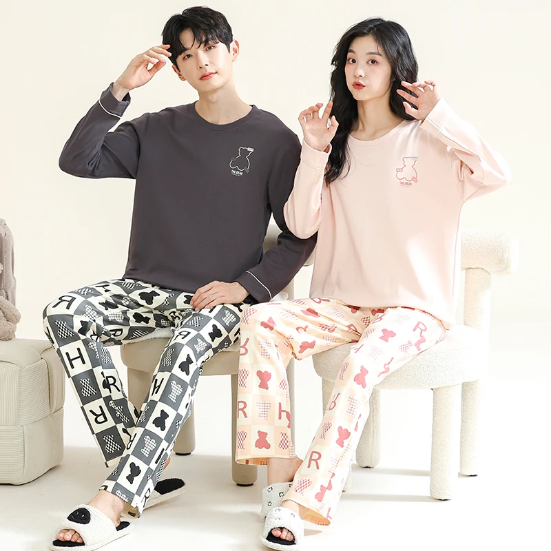 คู่ชุดนอนใหม่แฟชั่นผู้ชายผู้หญิง Loungewear ชุดนอนฤดูใบไม้ผลิฤดูใบไม้ร่วงแขนยาวการ์ตูน Pijama Pareja Hombre Y Mujer