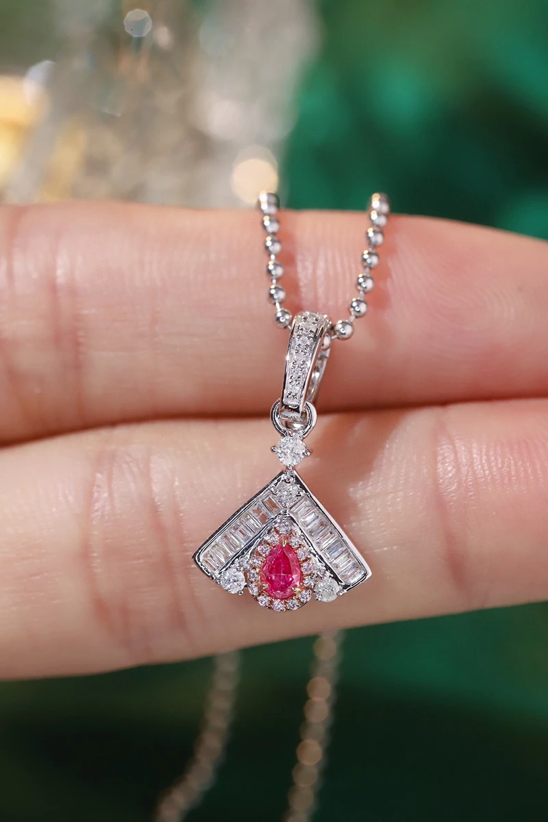 KUGG 100% 18K White Gold Necklace Luxury Shiny Design Real Natural Pink Diamond Pendant Necklace for Women High Wedding Jewelry