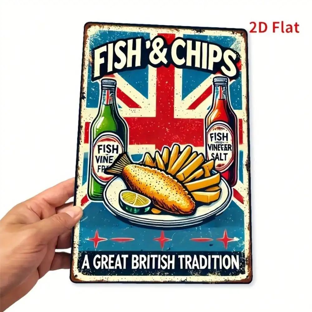 علامة قصدير معدنية عتيقة للأسماك والرقائق البريطانية، لوحة فنية جدارية للمطبخ والمنزل والمقهى وديكور المرآب