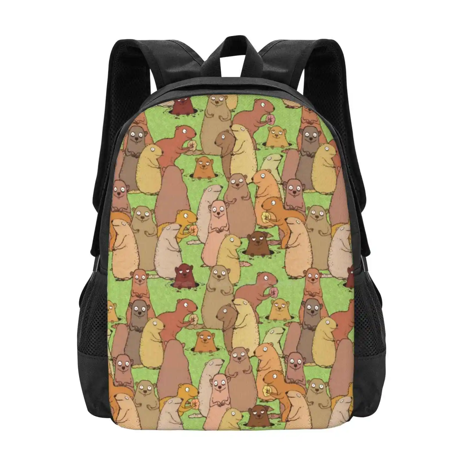 Wake Up Groundhogs! New Arrivals Unisex Bags Student Bag Backpack Animals Groundhogs Fur Eyes Spring Nature Lawn Green Food