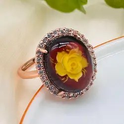 100% Natural Amber Ring Women Healing Gemstone Fine Jewelry Genuine Baltic Red Amber Rose Flower Rings For Girlfriend Mom Gifts