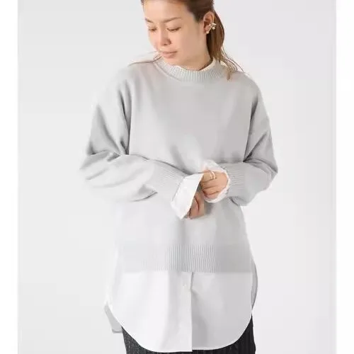 ゆったりとしたラウンドネックプルオーバーセーター レディース カラー シンプルデザイン 伸縮性あり 新品 スタイリッシュな日本製ニットウェア