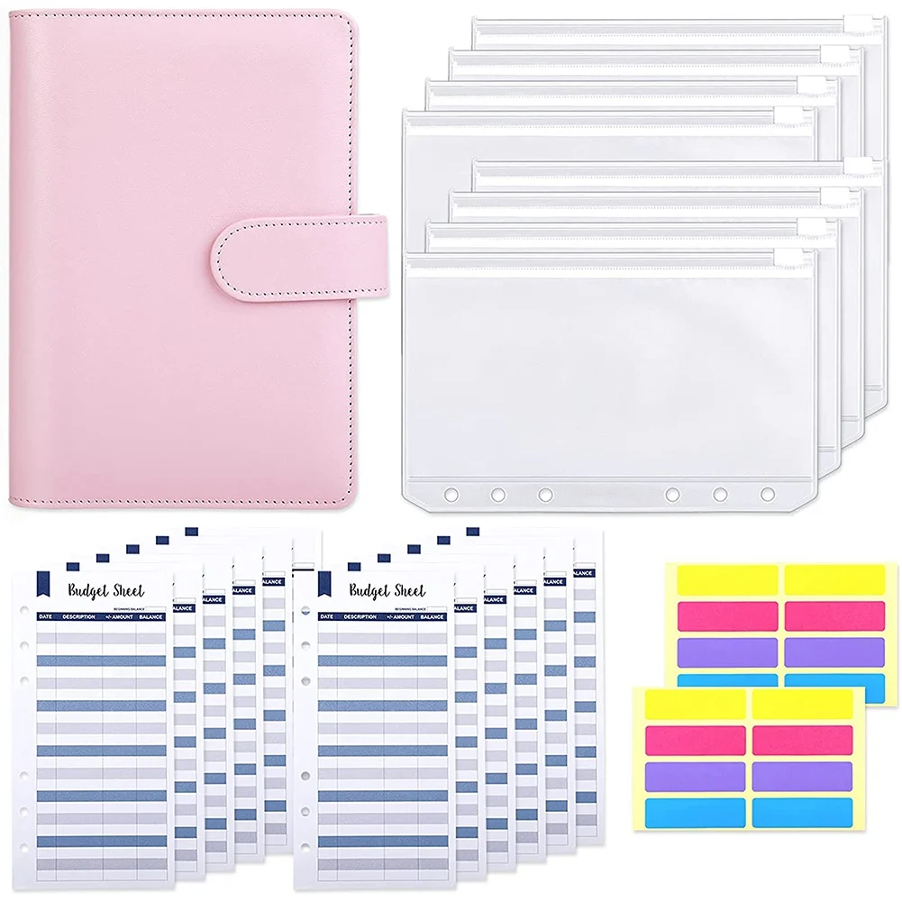 

A6 PU Leather Budget Binder A6 Binder Pockets,Expense Budget Sheets,6 Ring Binder Budget Envelopes System with Sticker A