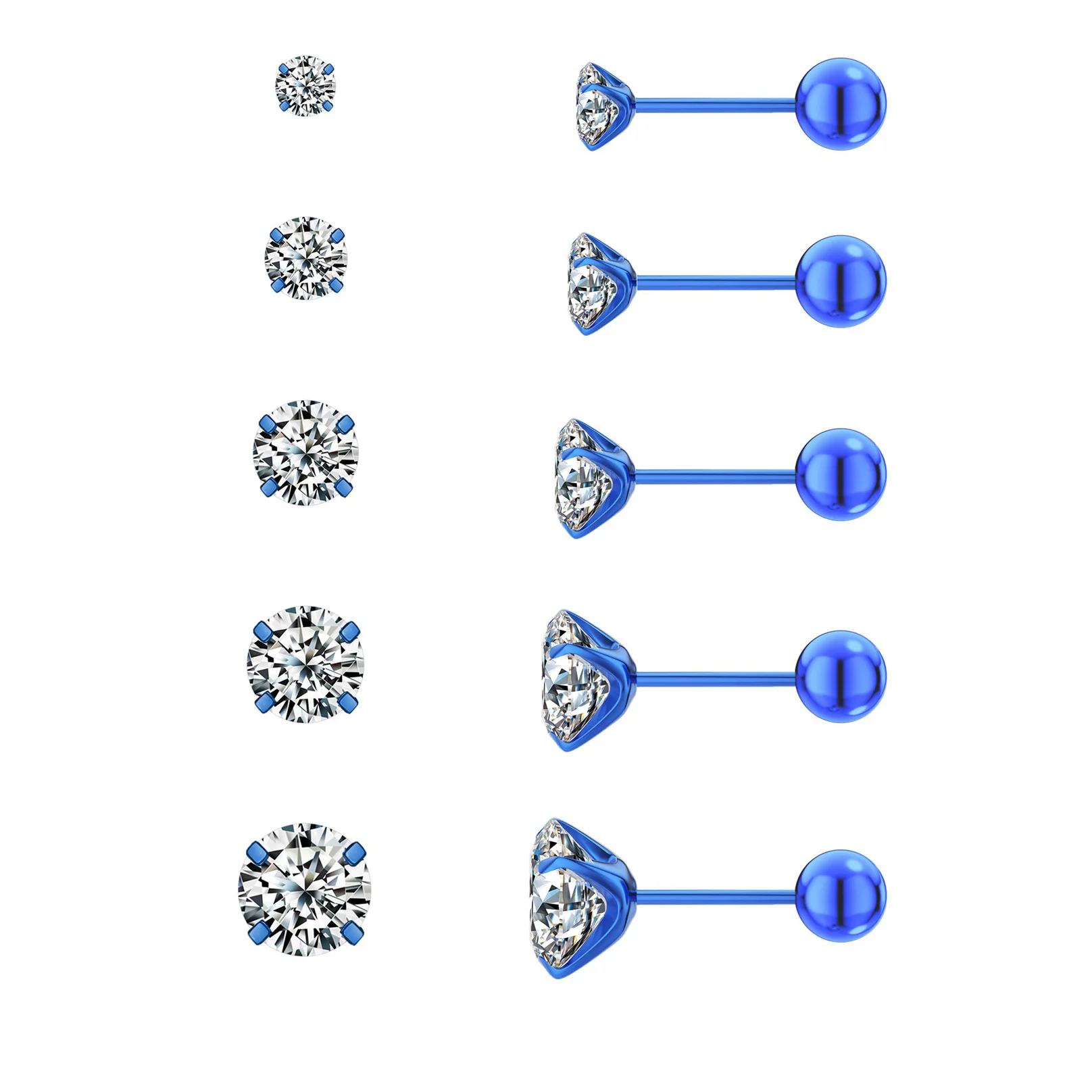 1/5pairs Fashion Stainless Steel Round Cubic Zirconia Ball Screw Back Stud Earrings for Men Women Helix Cartilage Tragus Jewelry