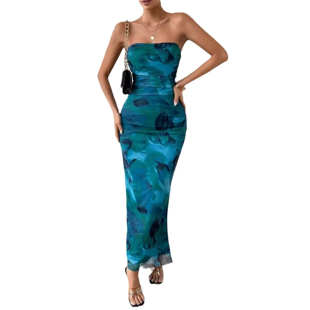 Sexy dentelle florale longue Dr robe sans bretelles taille haute Fi queue jupe sans sangle d'épaule milieu de la vie femmes Cleanfit Polyester Dr