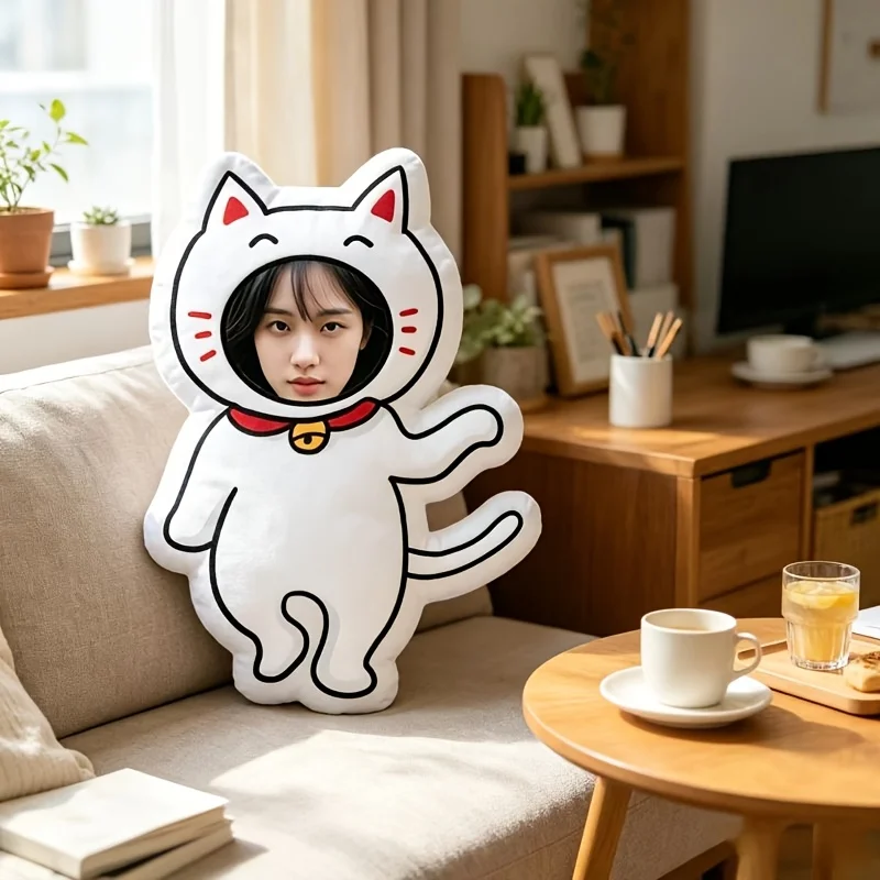 1pc - Customized Alien Pillow with Lucky White Cat Headset Portrait, Can Upload Real Person Photos to Replace Face, Soft and Cut