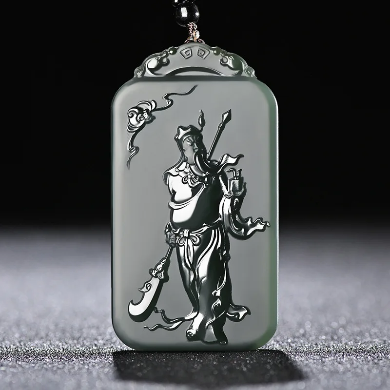 Fine Jewelry Natural Hetian Nephrite Jade Qingyu Double-Sided Carved Guan Gong Pendant